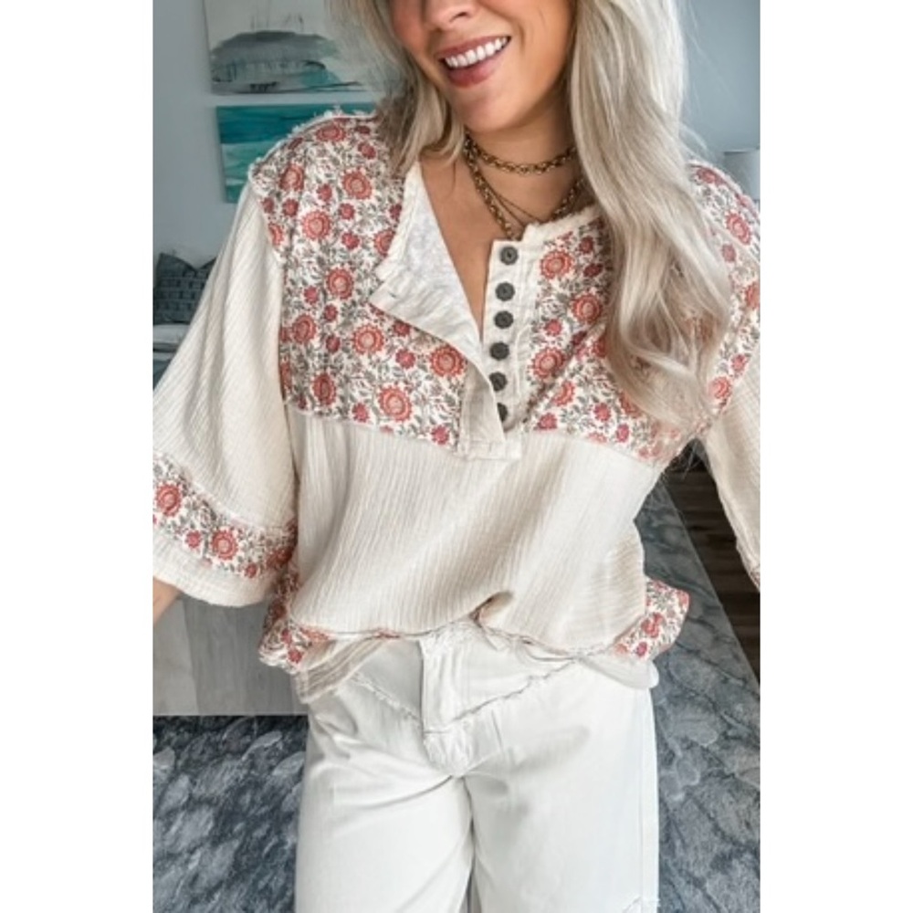 POL Cream 3/4 Sleeve Roomy Fit Henley Top with Floral Contrast - Picture 7 of 10